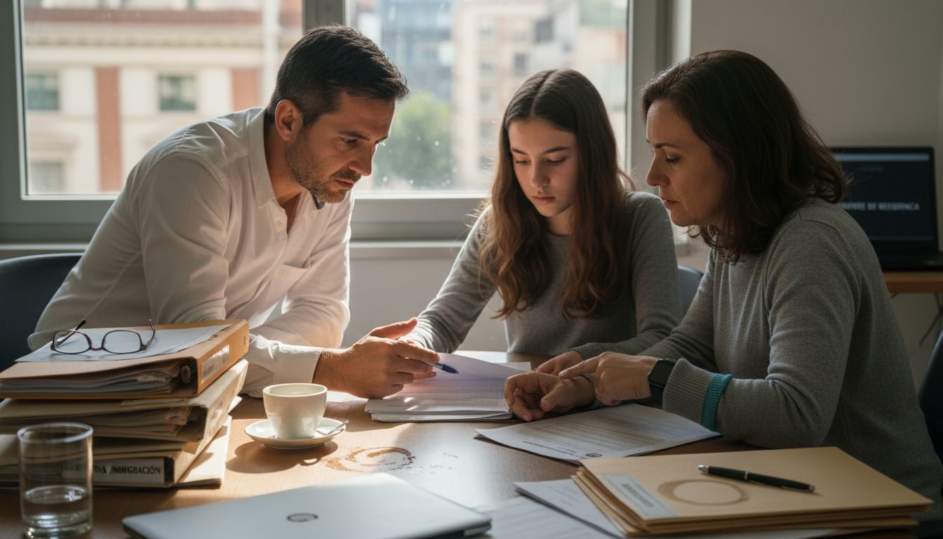 Una familia revisa papeles juntos en una oficina en España.