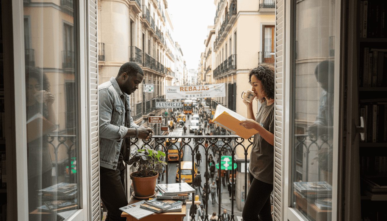 Un grupo de inmigrantes revisa papeles en el balcón de un piso en Madrid.