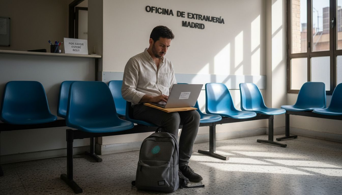Persona revisando sus papeles mientras espera su turno en la sala.