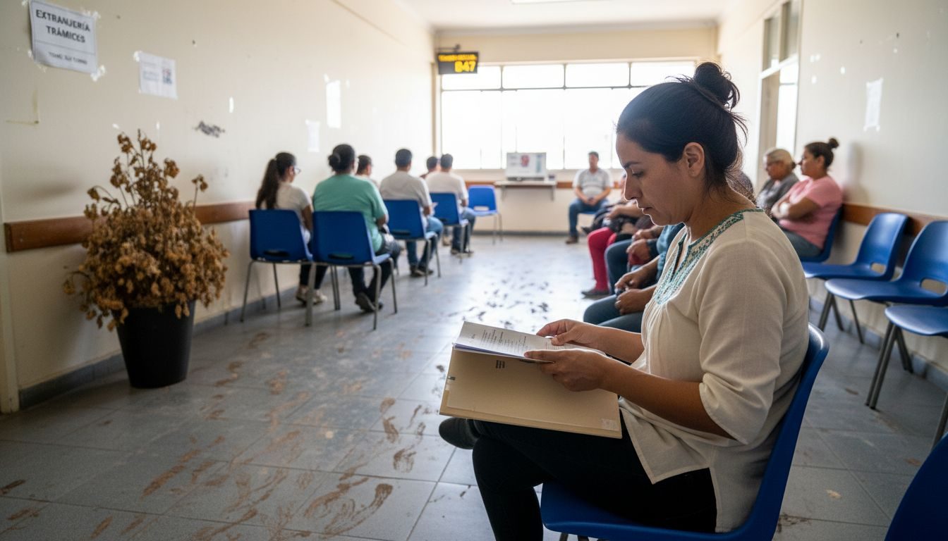 Una mujer revisa papeles de extranjería en una oficina