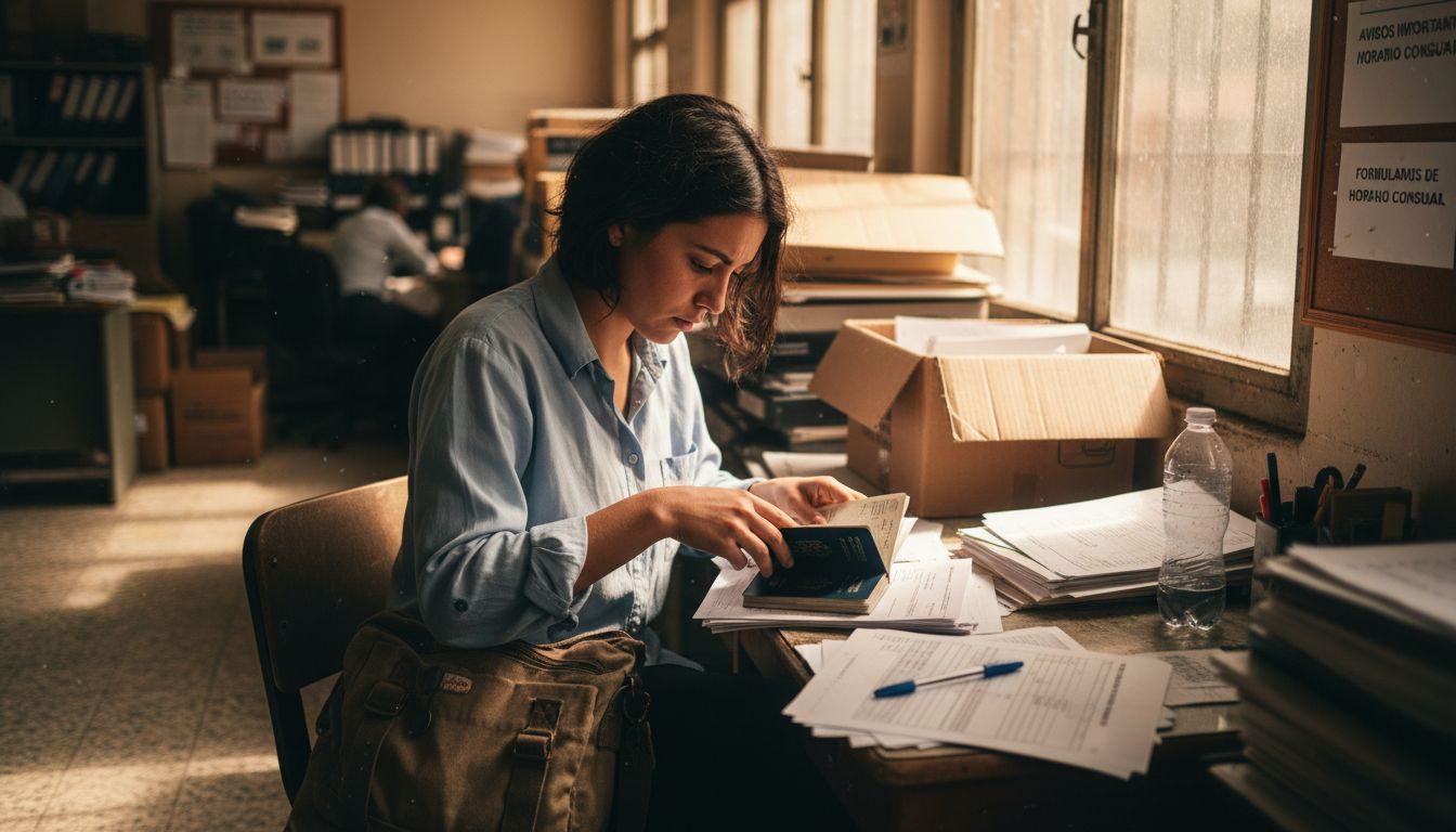 Un estudiante revisa su documentación para la visa en el consulado.
