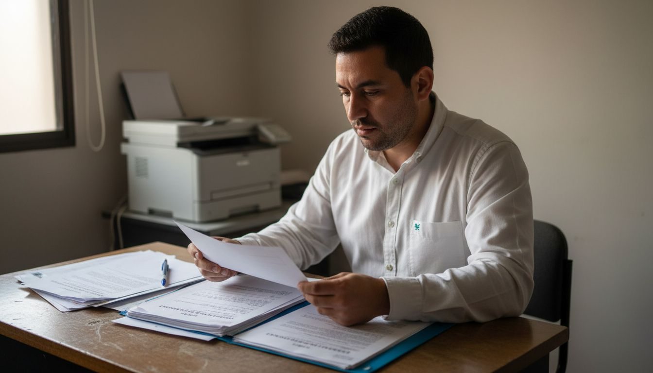 Empleado revisando papeles en una oficina pequeña