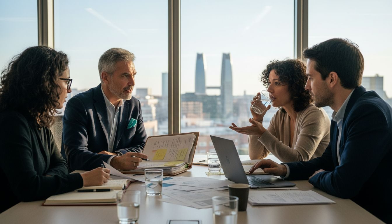 Un equipo diverso de profesionales colabora en una oficina en España.