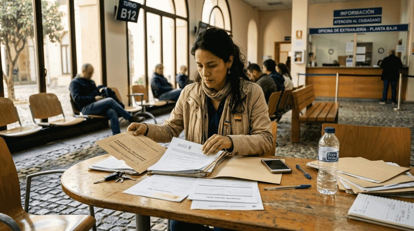Una mujer consulta papeles en una oficina pública española.