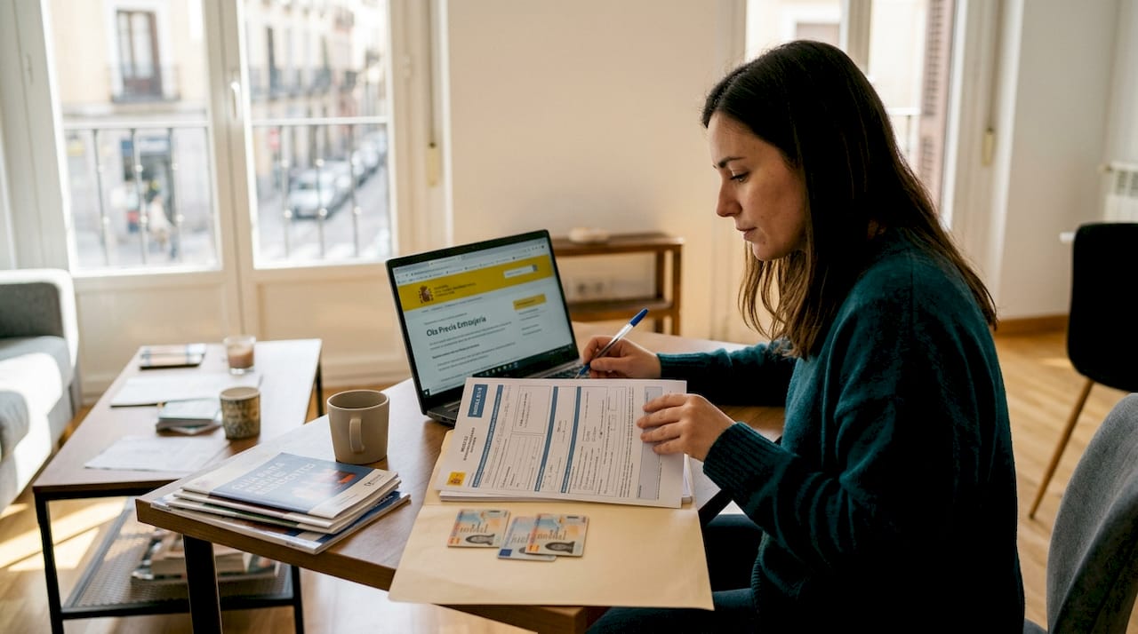 Mujer revisando papeles de extranjería en su casa de Madrid