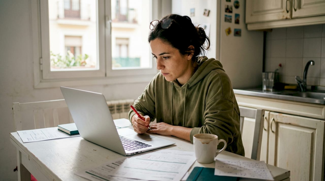 Una mujer revisa la documentación para solicitar el visado español mientras está en la cocina de su casa.
