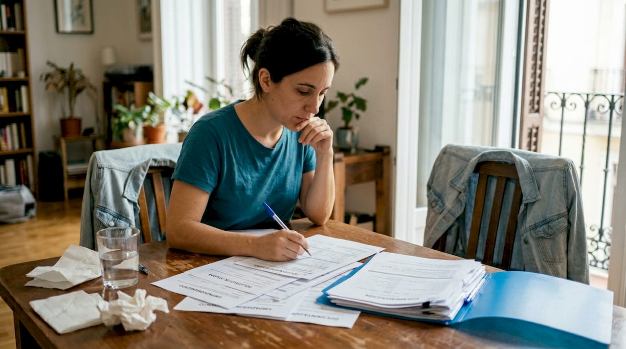 Una mujer revisa la documentación necesaria para solicitar la tarjeta de residencia comunitaria.