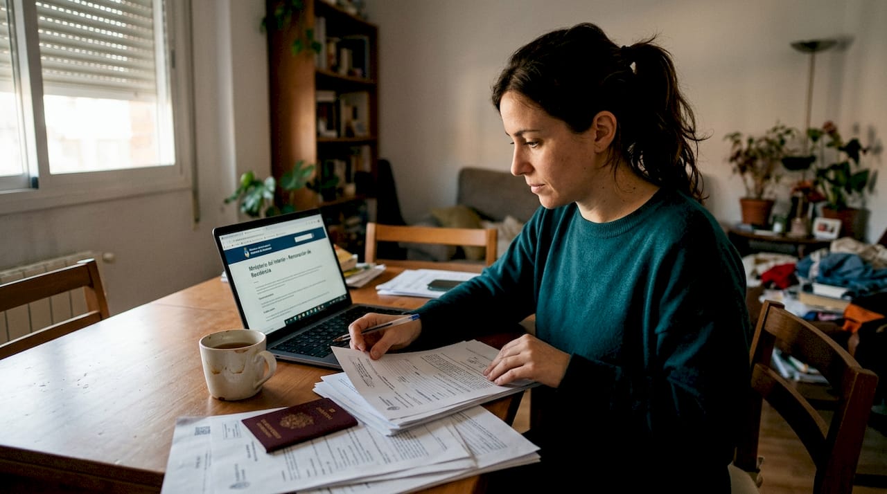 Una mujer revisa y organiza los documentos necesarios para su residencia desde la comodidad de su casa.