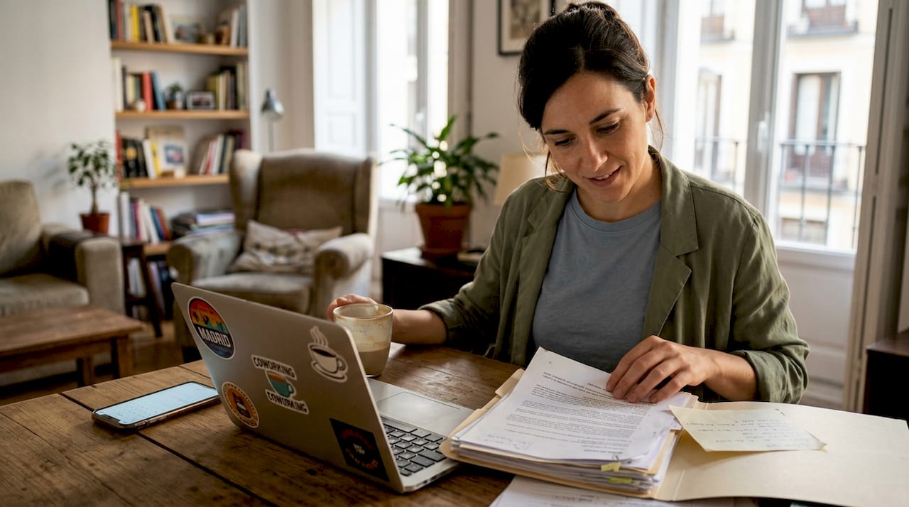 Mujer revisando documentos de extranjería sentada en una sala