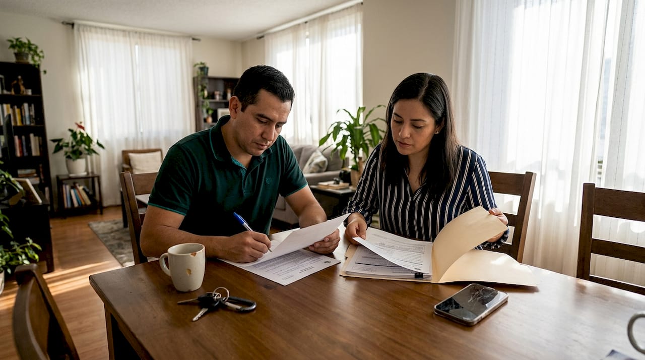 Una pareja revisa juntos los documentos para su visado en casa.