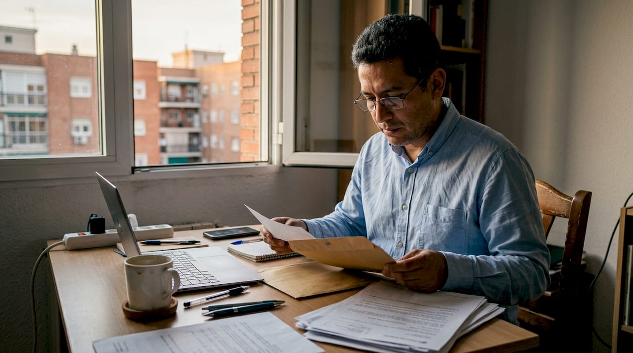 Un hombre revisa documentos de residencia sentado frente a su escritorio.