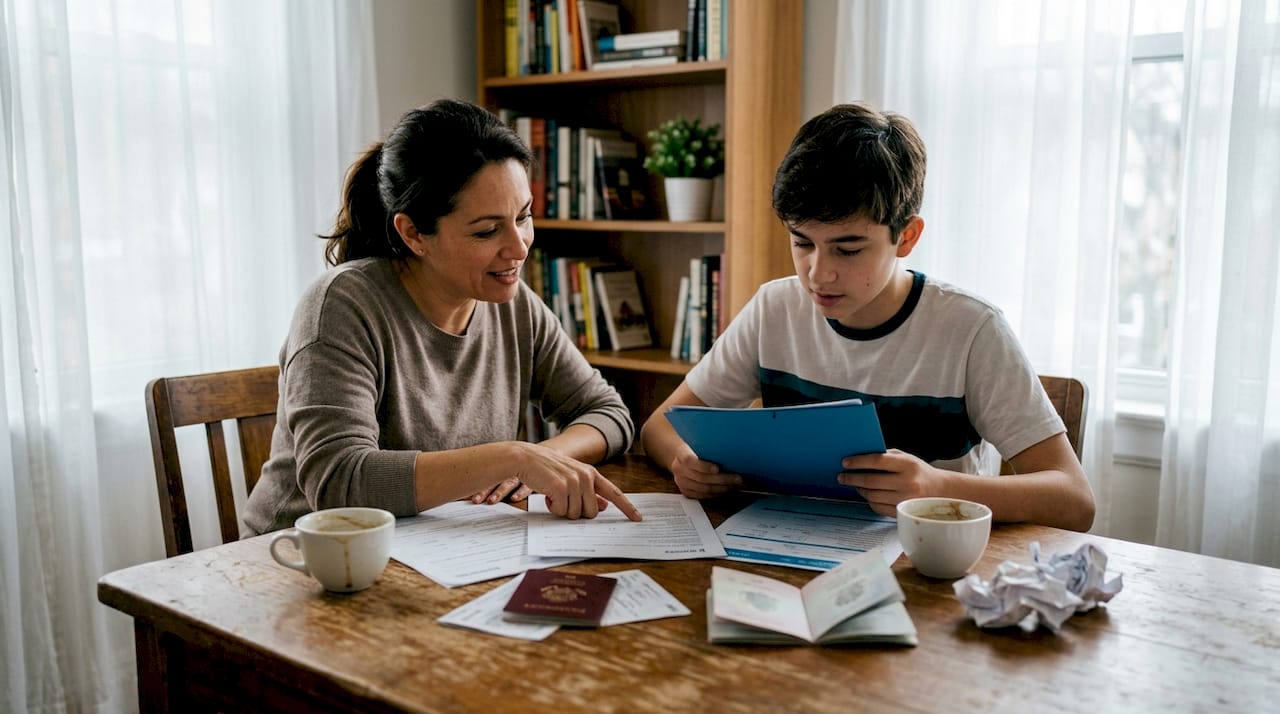 Una madre y su hijo revisan juntos papeles importantes de la familia.