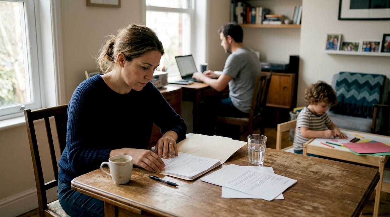 Una familia repasando la documentación necesaria para obtener la residencia en España.