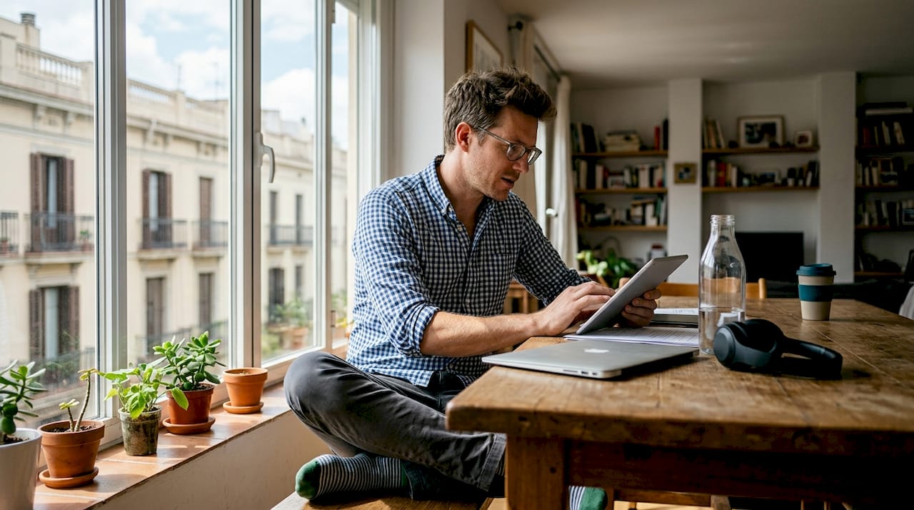 Hombre trabajando en una sala de estar española rodeado de dispositivos electrónicos