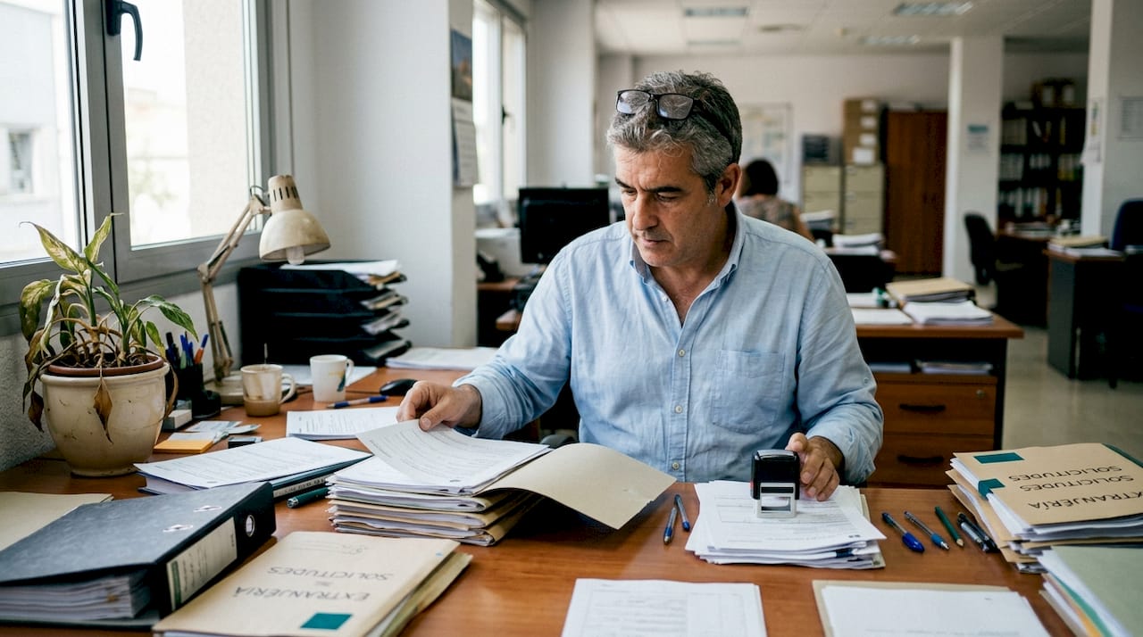 Empleado público revisando documentos en la oficina de extranjería