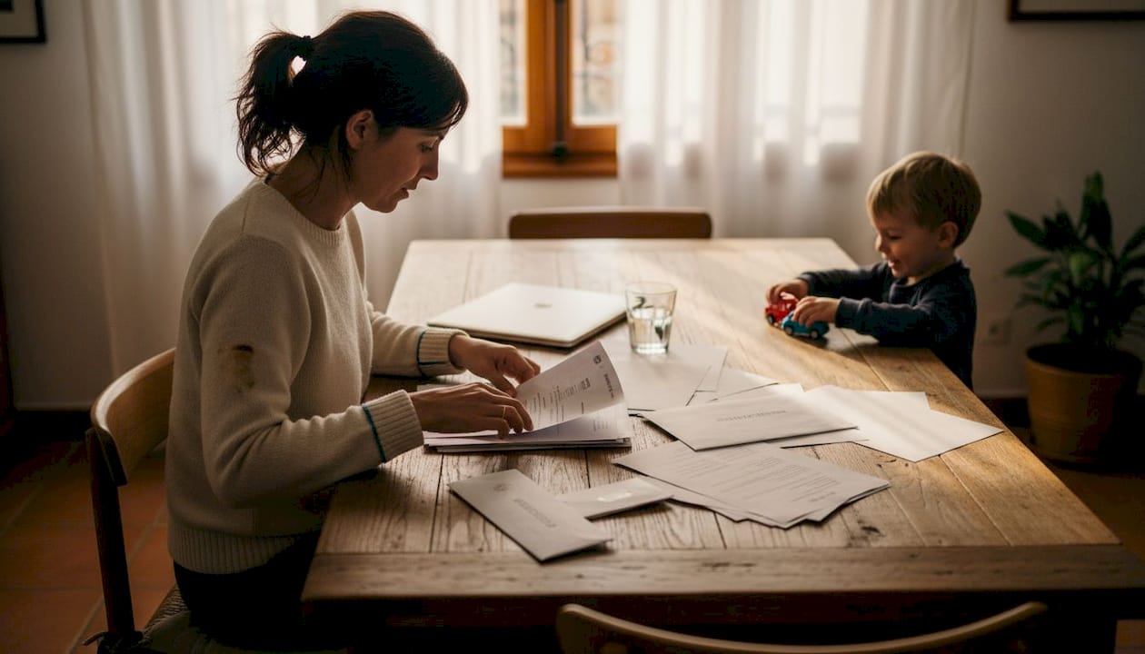 Una madre revisa papeles mientras su hijo pequeño la acompaña.