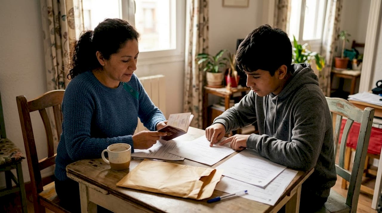 Una madre y su hijo revisan y ordenan documentos juntos en la mesa del comedor.