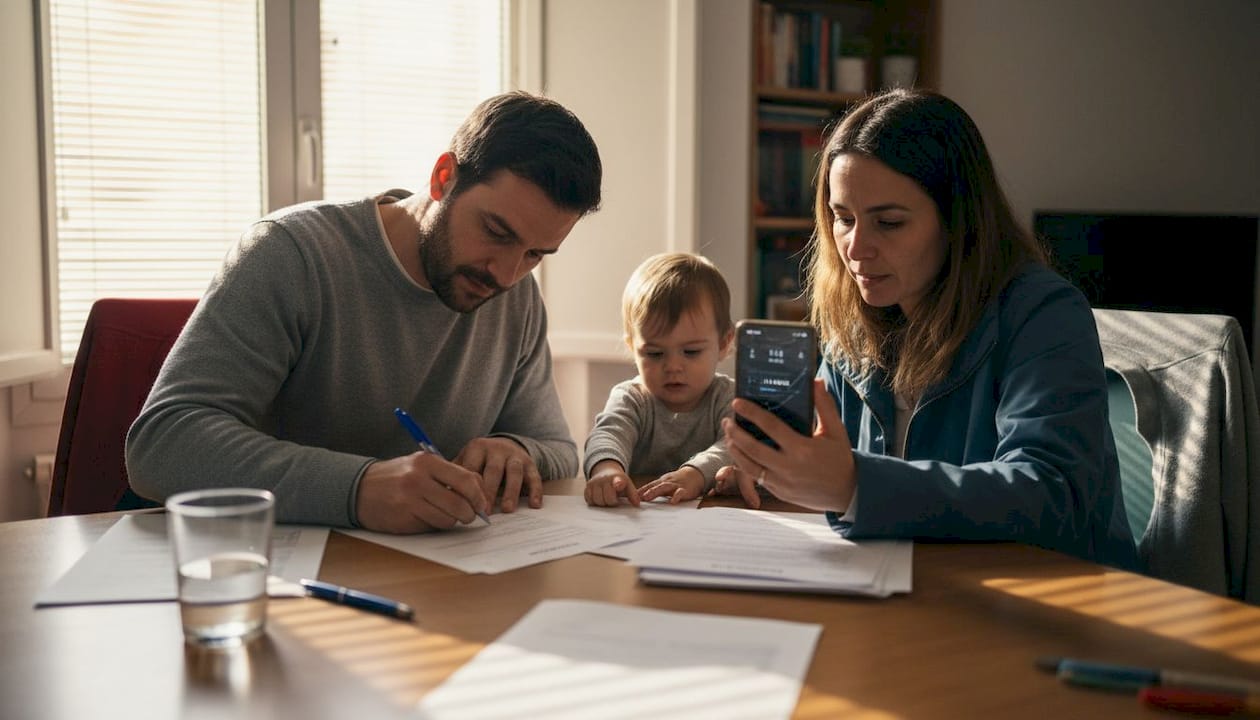 Una familia inmigrante revisa papeles importantes en la mesa de su hogar.