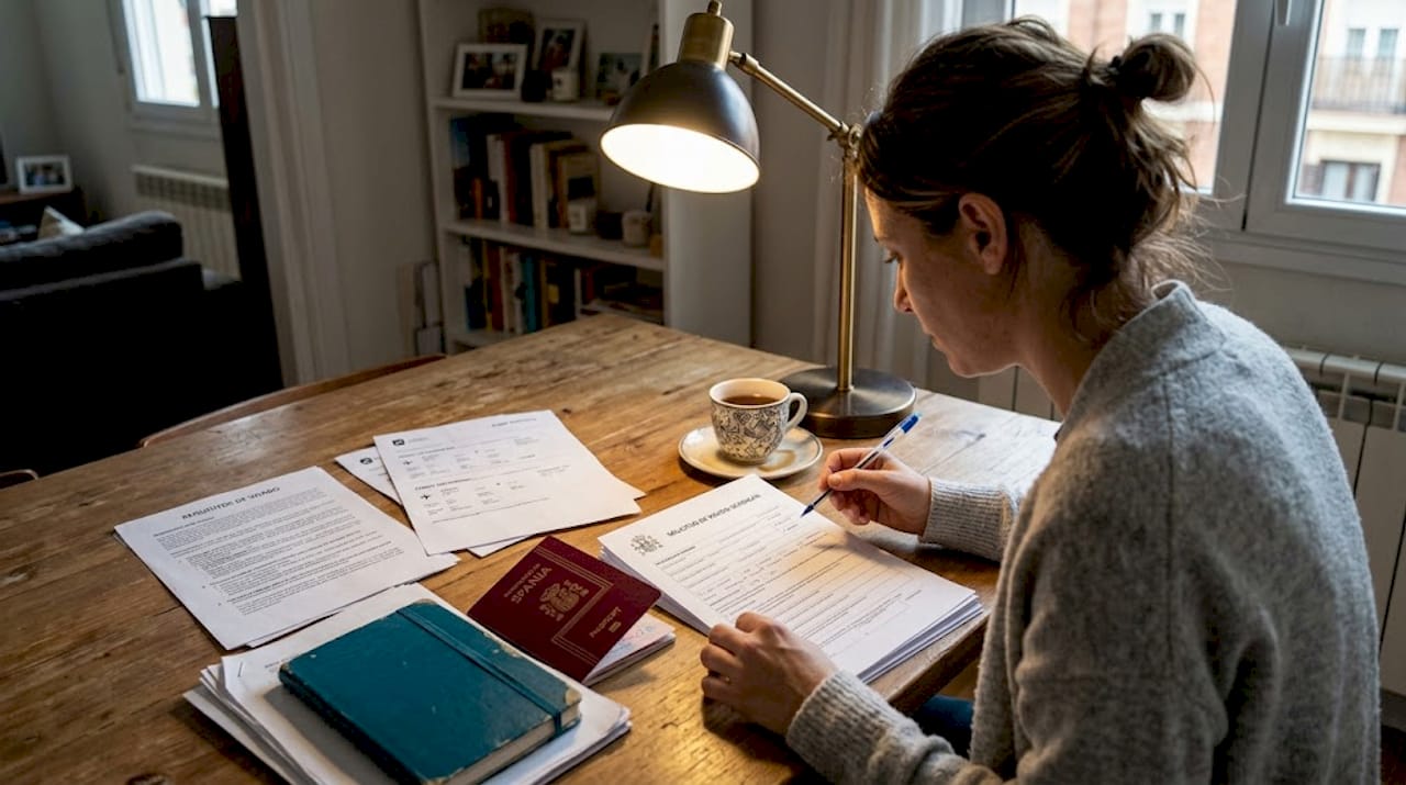Una mujer revisa cuidadosamente sus papeles de visado sentada en su escritorio.