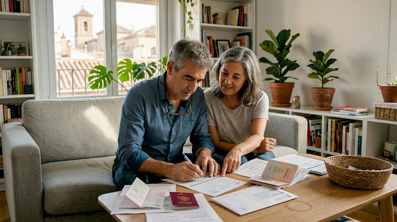 Pareja de mediana edad organizando la documentación para residir legalmente.