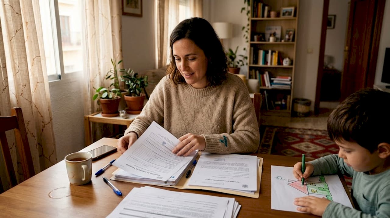 Mujer revisando sus papeles de inmigración en la sala de estar
