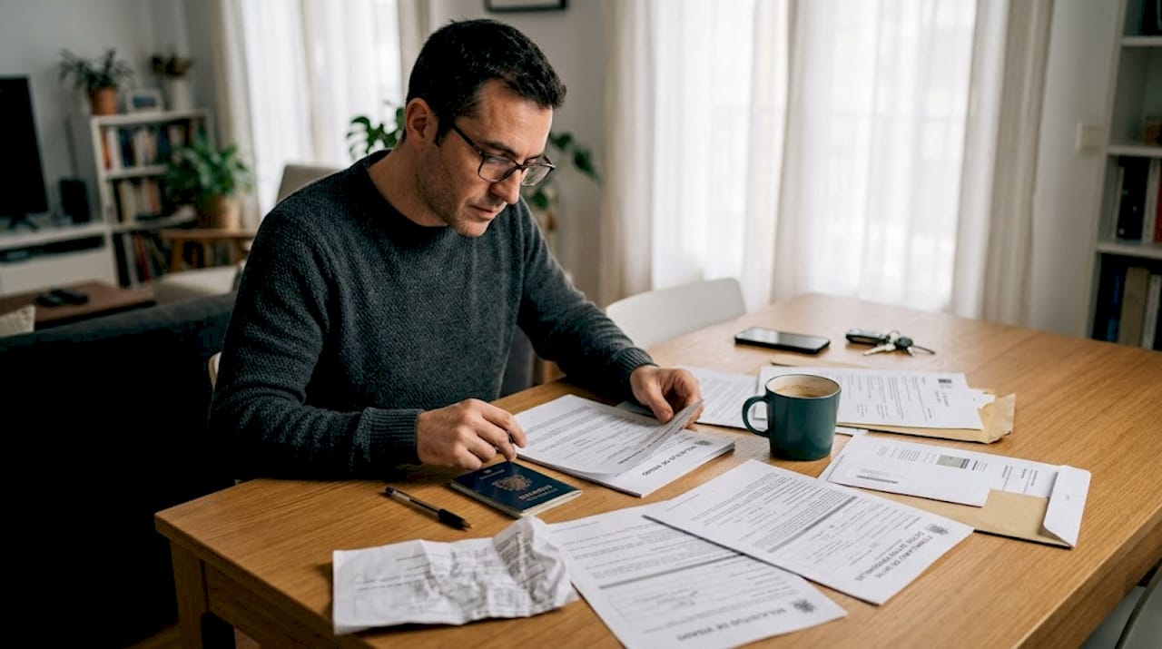 Hombre revisando los documentos de residencia en la mesa de su casa
