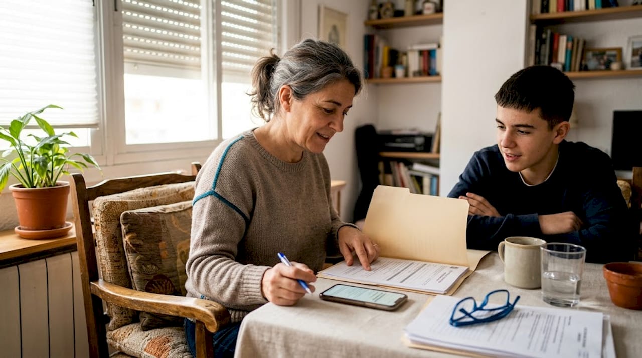 Una madre y su hijo revisan juntos los documentos necesarios para la residencia.