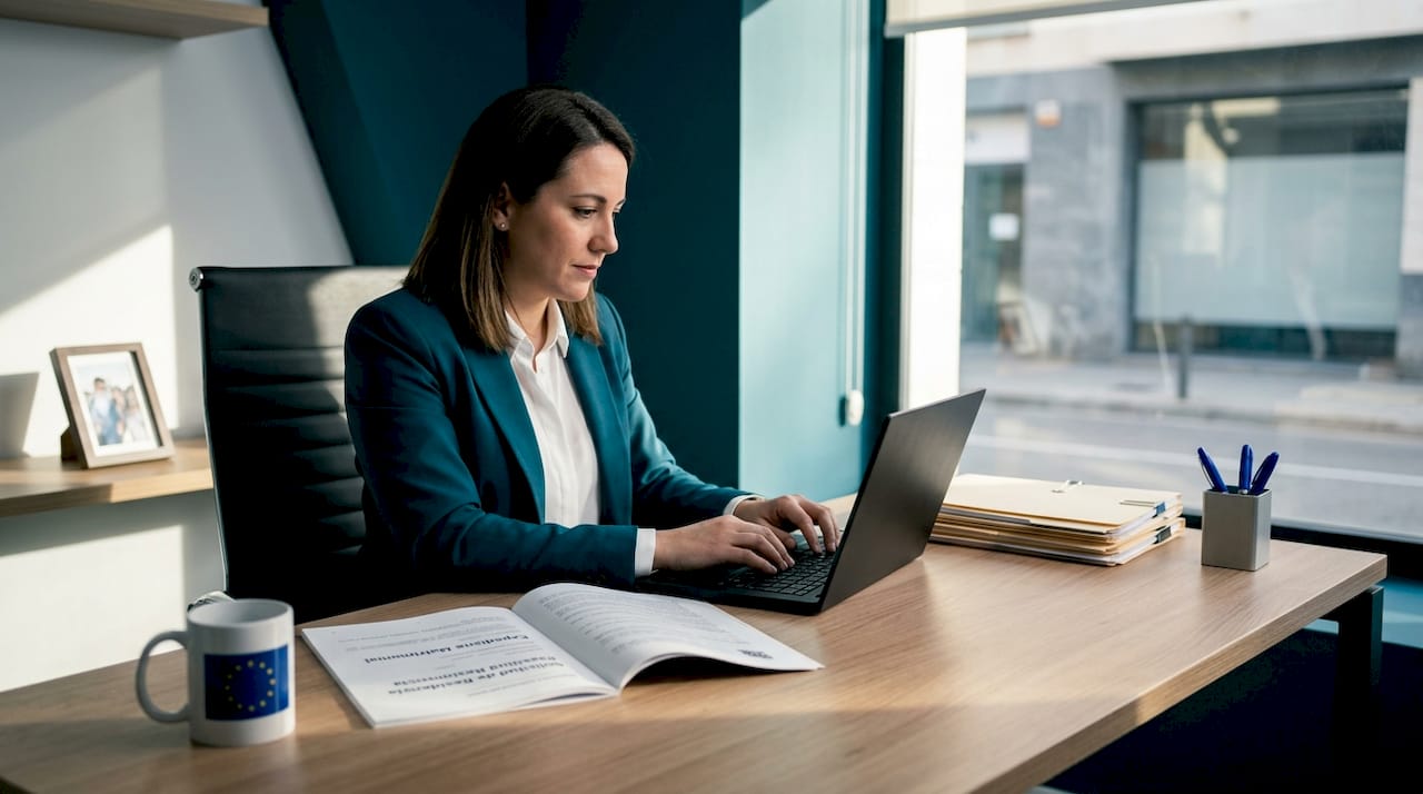 Abogado revisando y preparando trámites de inmigración en su despacho.
