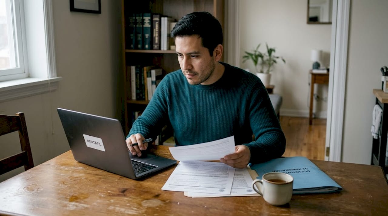 Un hombre revisa en casa los documentos de inmigración, asegurándose de que todo esté en orden para sus trámites.