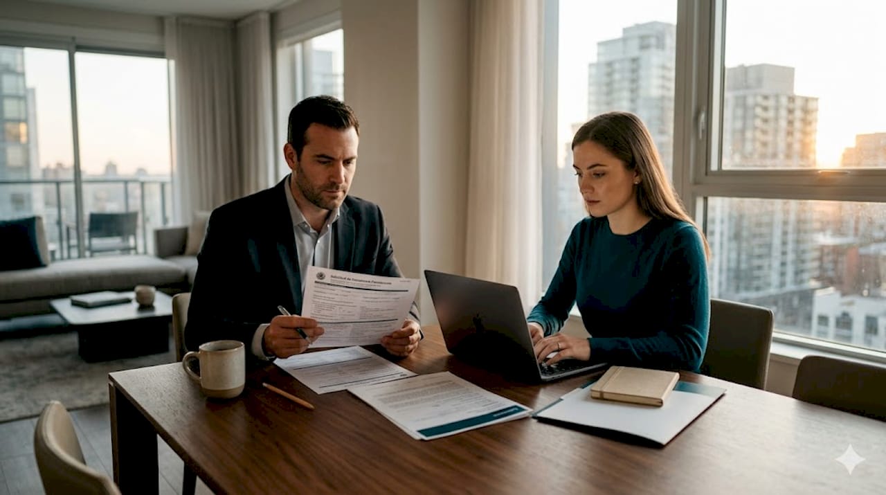 Matrimonio revisando los papeles para su residencia en España
