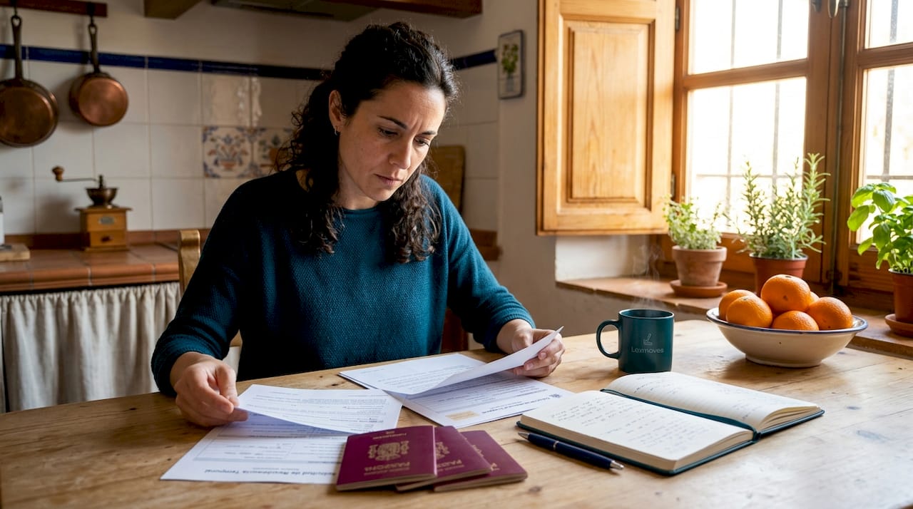Una mujer revisa y organiza los documentos necesarios para su trámite de inmigración desde la comodidad de su casa.