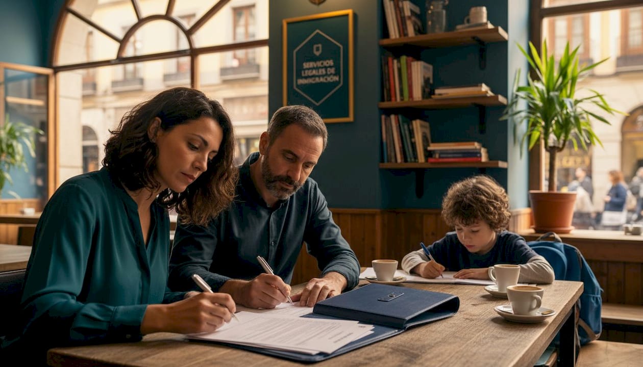 Una familia extranjera revisa documentos sentada en una sala española.