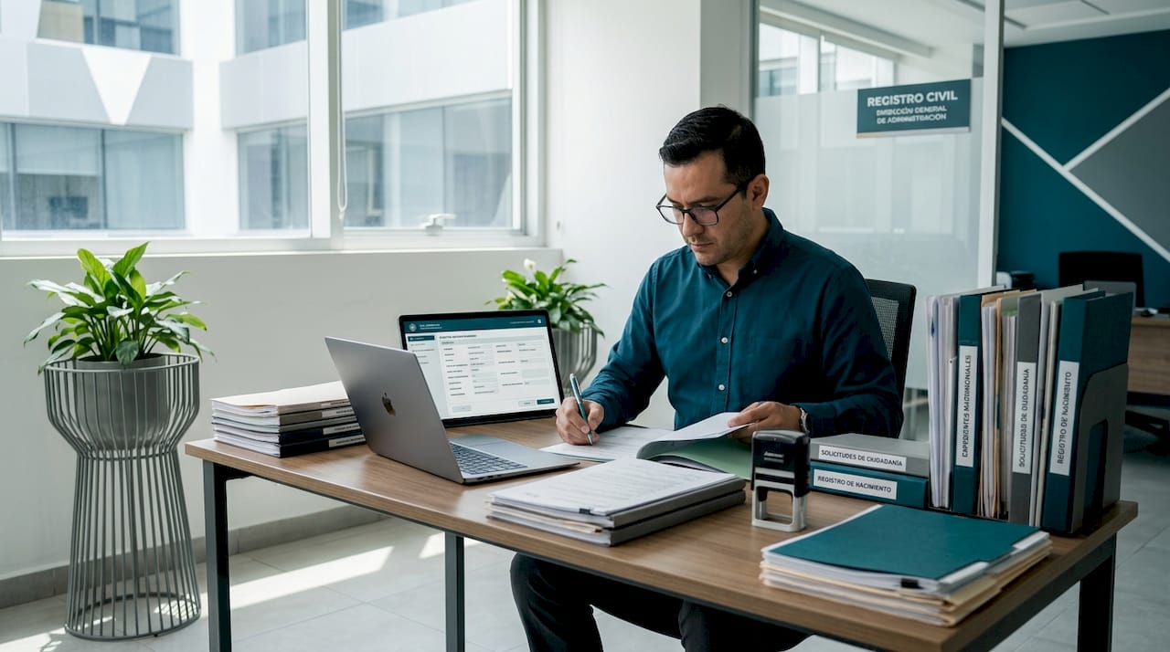 Empleado público revisando documentación de extranjería en su despacho
