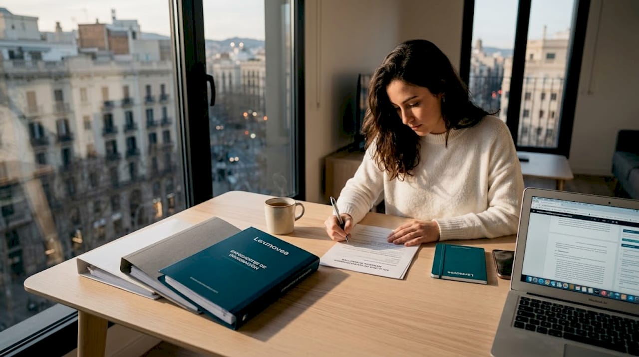 Un estudiante revisa documentos legales en su piso en España.