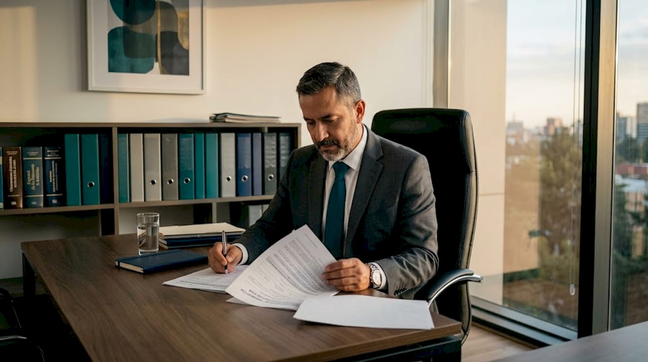 Un abogado revisa expedientes de extranjería en su oficina.