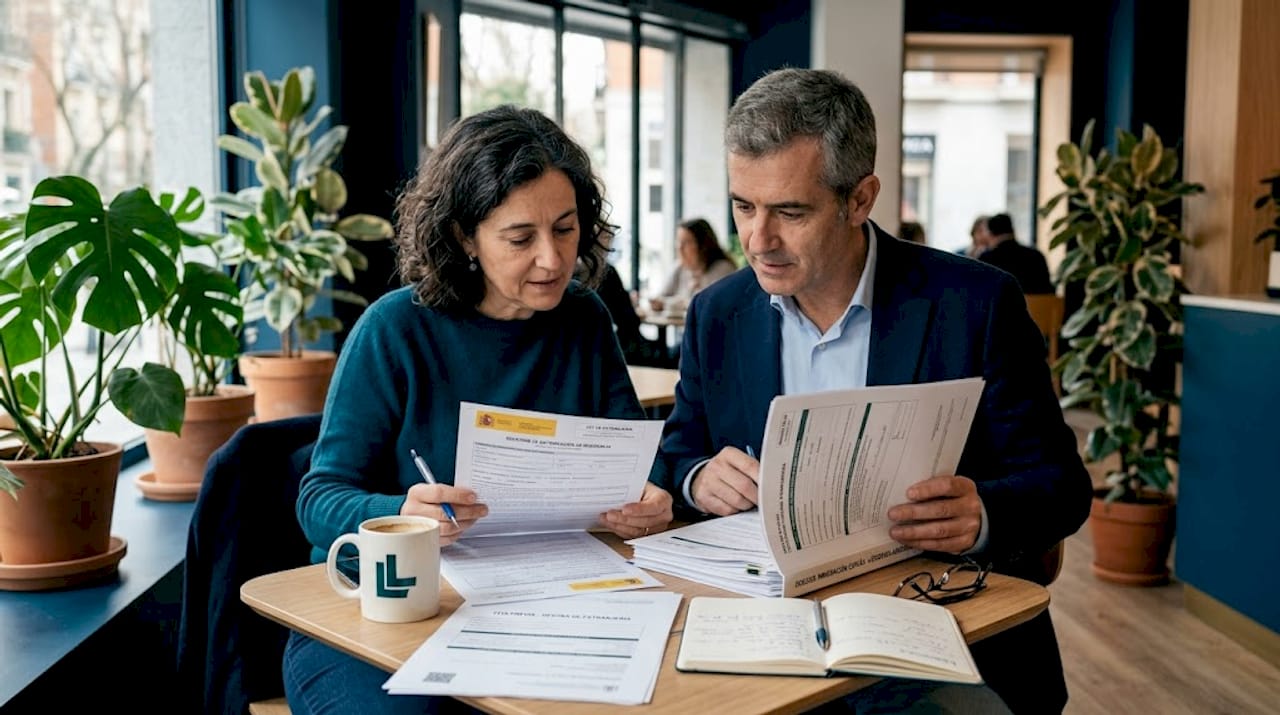 Una pareja revisa juntos la documentación necesaria para solicitar la nacionalidad española.