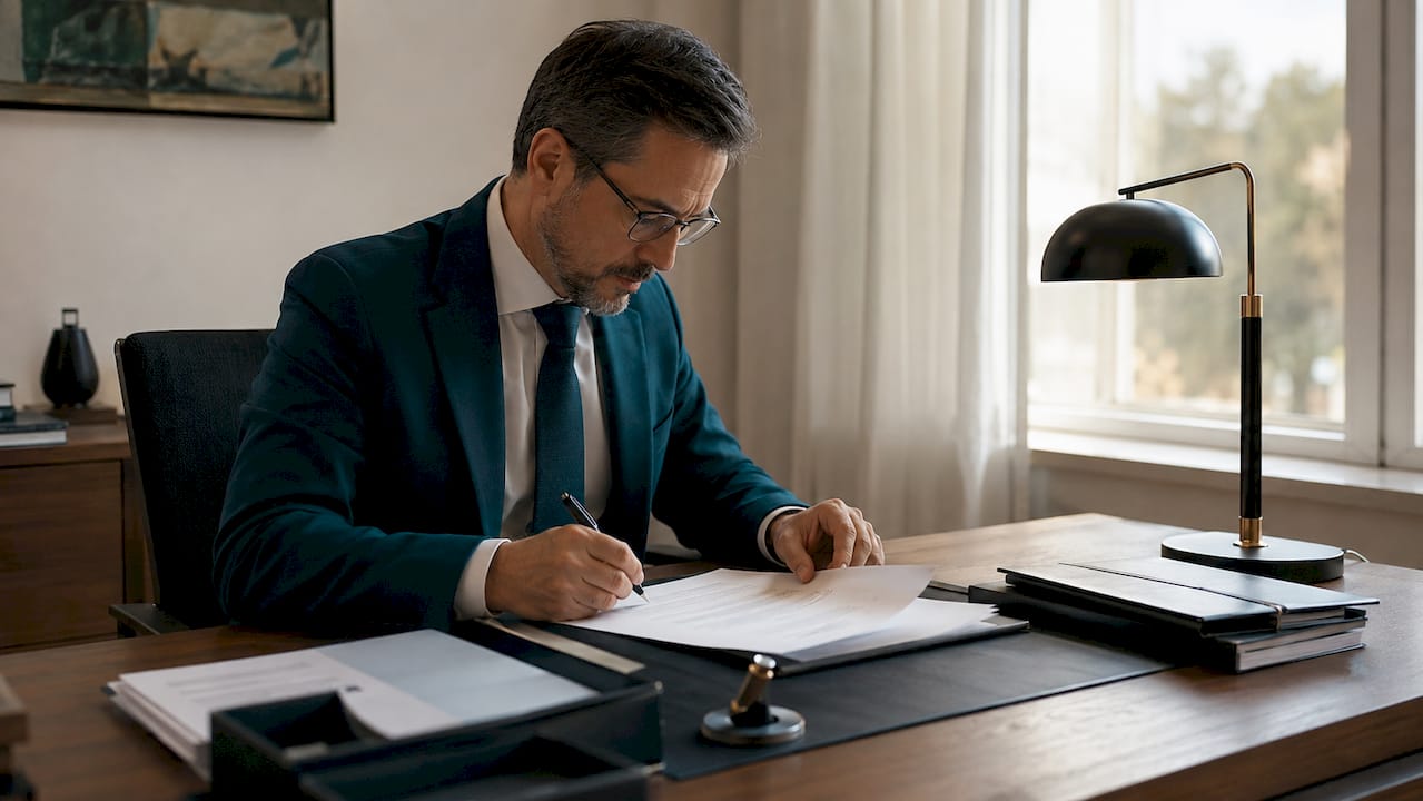 Empleado de inmigración revisando papeles relacionados con trámites migratorios