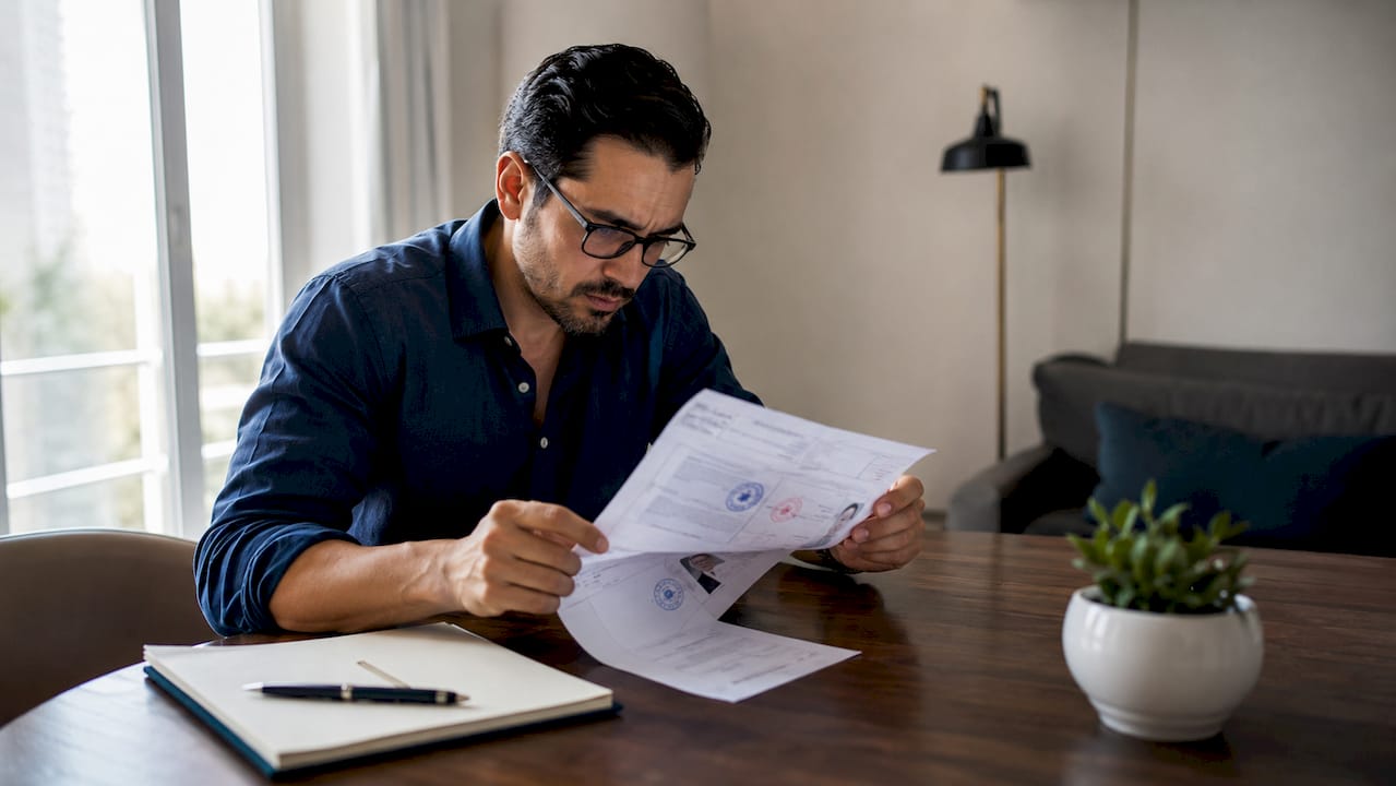 Hombre revisando papeles para gestionar su nacionalidad desde casa