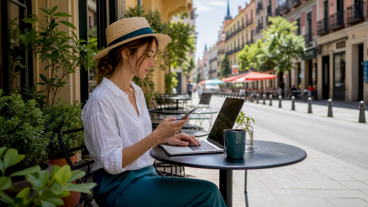 Mujer que trabaja en remoto desde una cafetería en Madrid