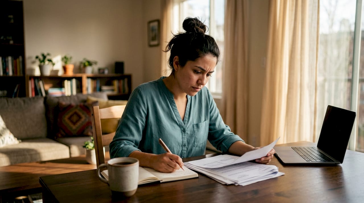 Mujer revisando sus papeles de residencia en casa
