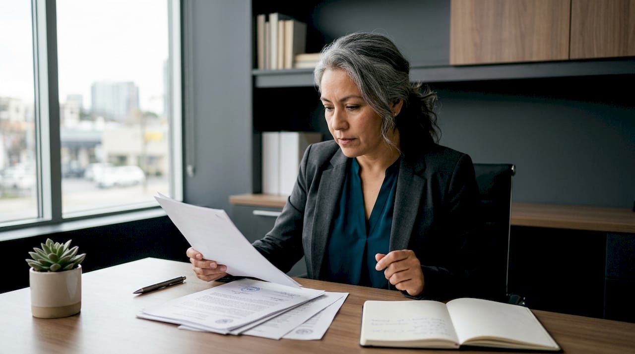 Mujer revisando en casa los documentos legales de la familia