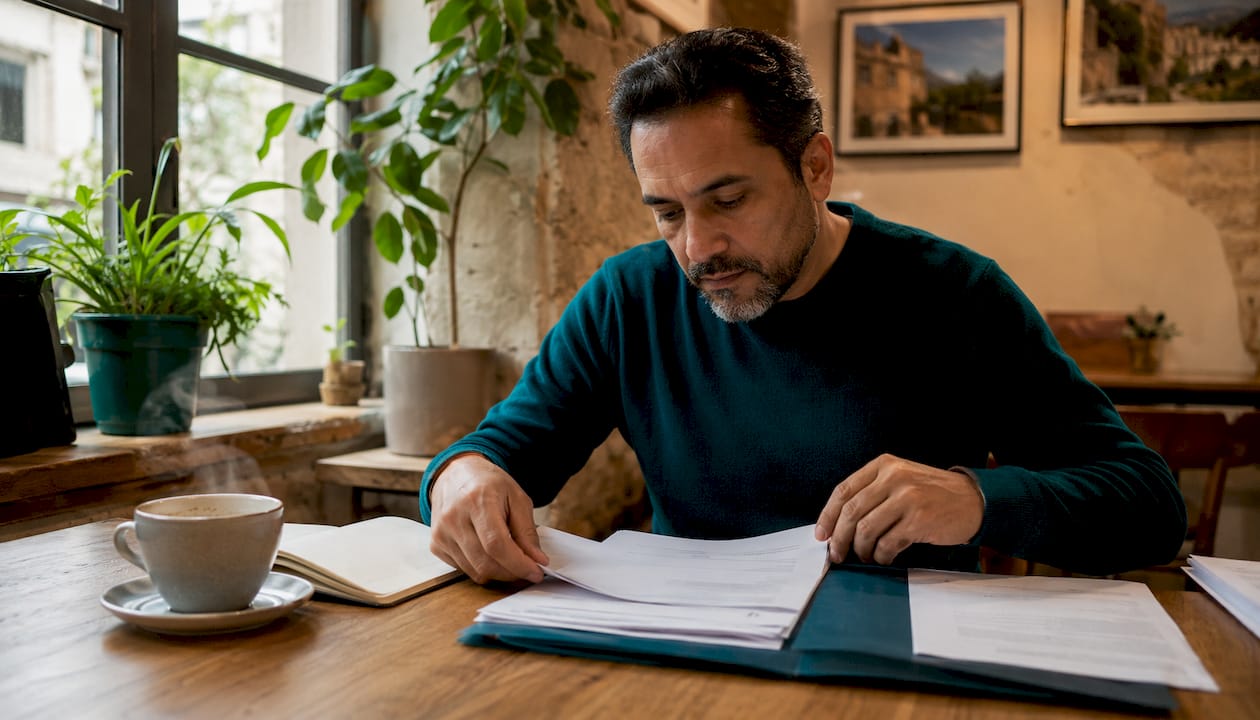 Manos revisando y ordenando papeles para el trámite de residencia