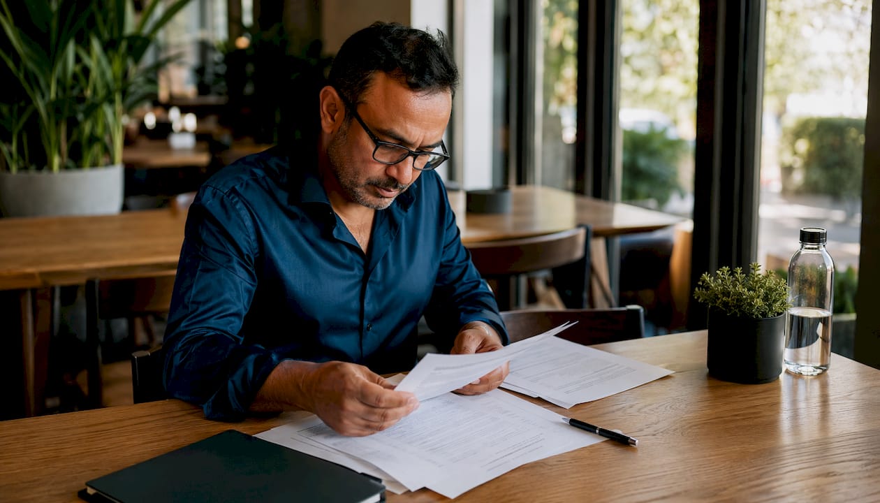 Un hombre revisa papeles legales tranquilamente desde su casa.