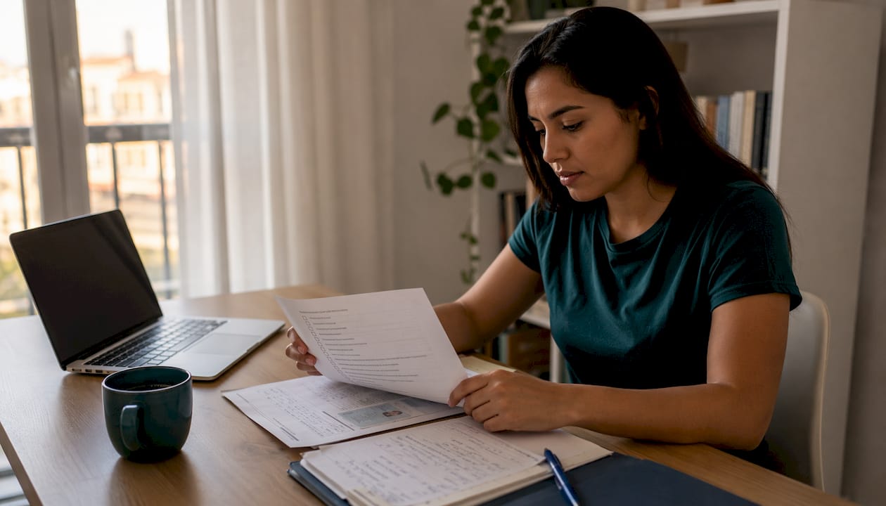 Mujer revisando en casa los papeles de su permiso de residencia