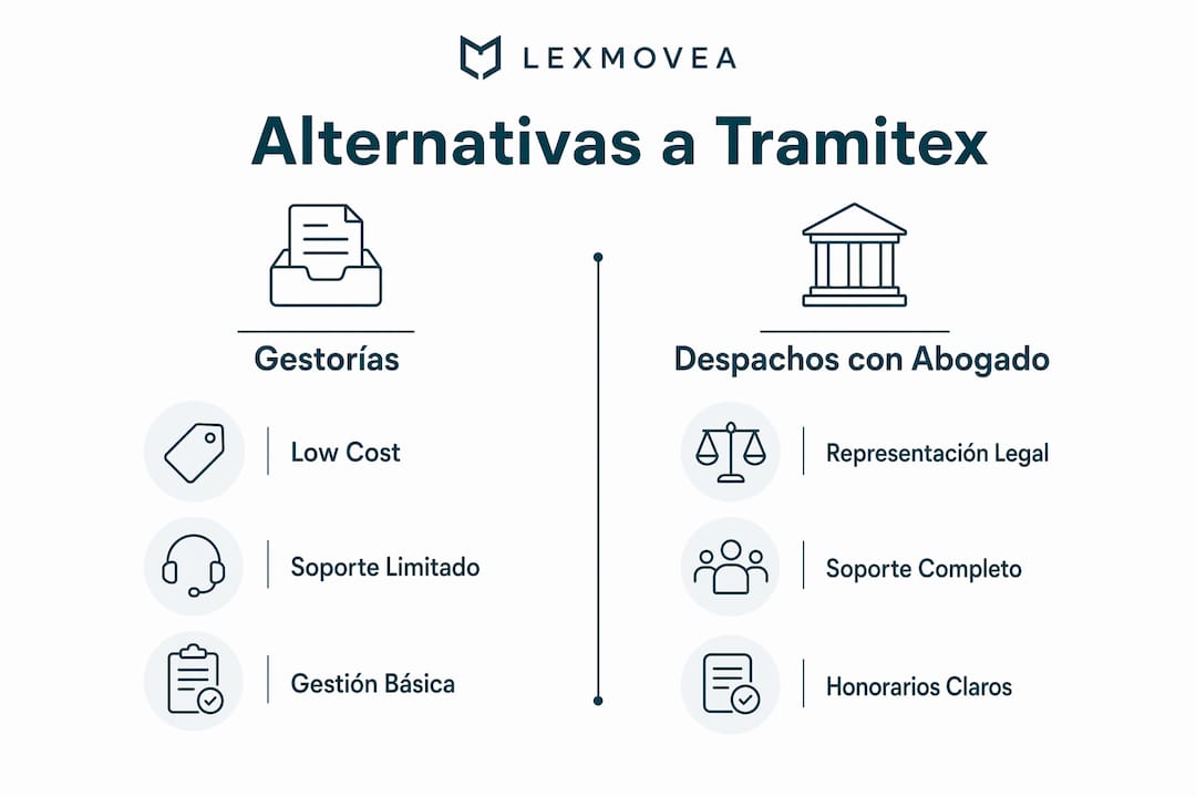 Infografía que muestra una comparación de las principales alternativas a Tramitex, detallando sus categorías y características más relevantes.