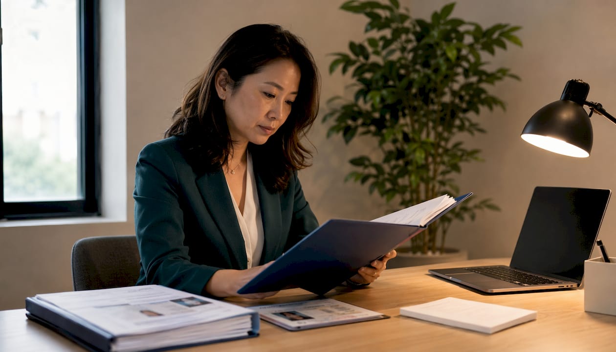 Mujer revisando y ordenando papeles de trabajo