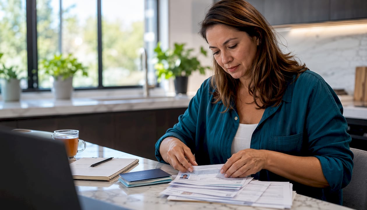 Una mujer revisa y ordena los papeles importantes de la familia en casa.
