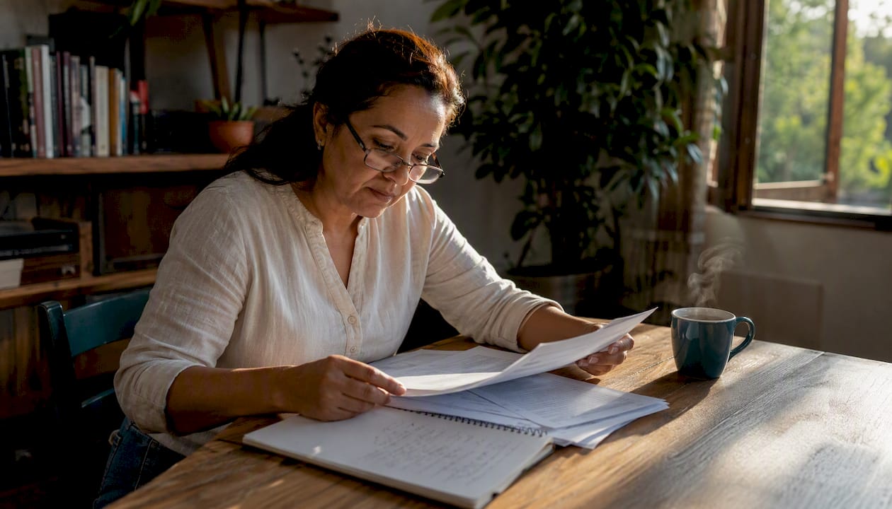 Una mujer revisa y organiza sus papeles de inmigración sentada a la mesa.