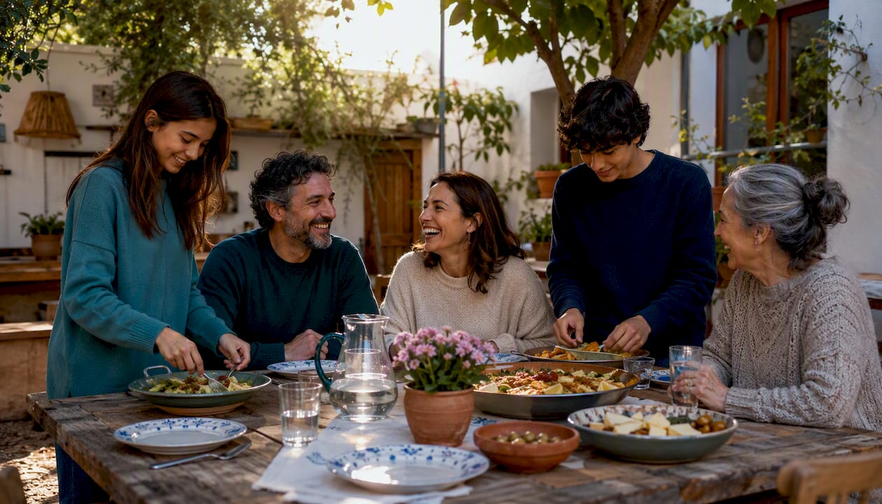 La familia se reúne a la mesa para cenar juntos y fortalecer los lazos de convivencia e integración.
