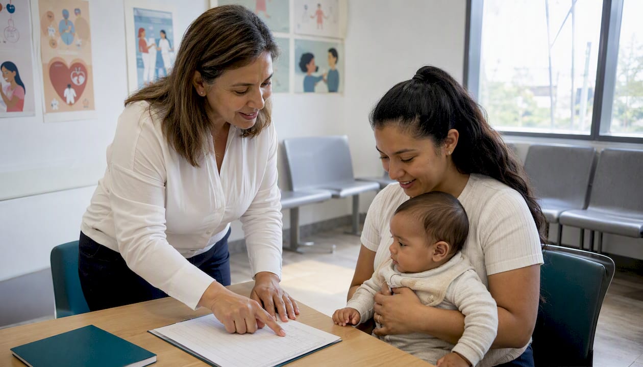 Una trabajadora de salud acompaña a una madre inmigrante durante su proceso de registro.